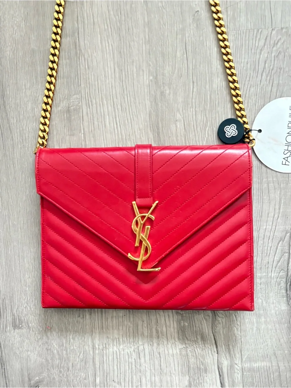 Saint Laurent Red Quilted Envelope Shoulder Bag with Gold Chain
